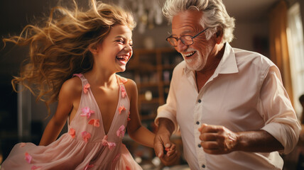 adorable child girl and positive grandpa holding hands while dancing together in living room.