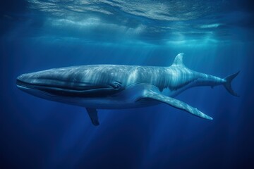 Fototapeta premium Blue whale underwater in the rays of the sun