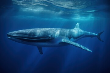 Blue whale underwater in the rays of the sun