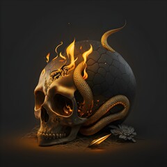 black snake crawling through gold skull thats in fire Clear background 