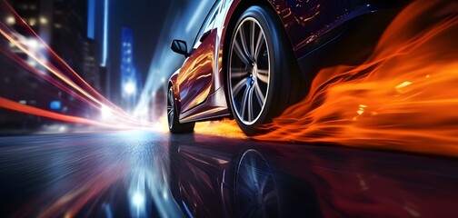 Sport car wheel drifting on night of city lighting background - obrazy, fototapety, plakaty