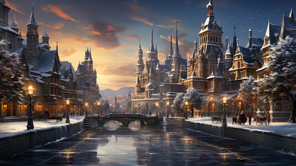 Fototapeta premium Festive Christmas background in a bustling village