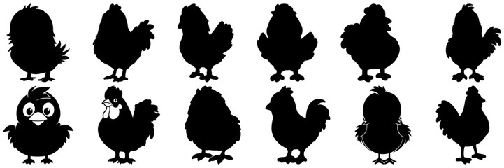 Chicken farm animals silhouettes set, large pack of vector silhouette design, isolated white background