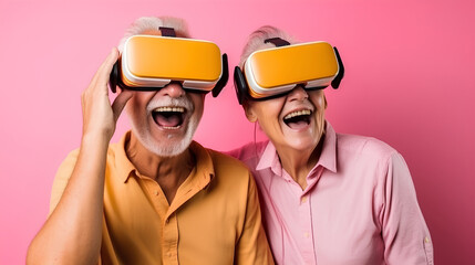 Senior adult couple having fun together with virtual reality headsets sitting on the couch