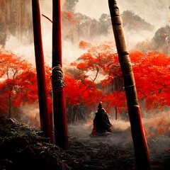 bamboo forest samurai meets a monk power red accents orange accents hyper detailed hyper realistic matte painting 8k 