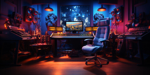 a modern music recording studio where you see the artist recording in a neon box. - obrazy, fototapety, plakaty