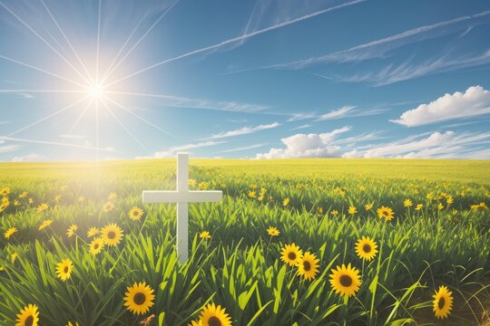 Concept conceptual cross religion symbol silhouette in grass over sunset or sunrise sky, generative ai