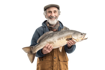 Happy middle-aged fisherman with big fish, cut out