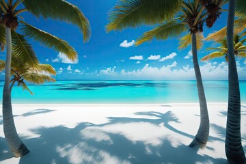 A white sand beach, turquoise sea and palm trees, generative ai