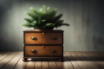 room-sized chest of drawers with a potted fir. 