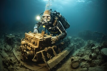 Diver underwater found artifacts - obrazy, fototapety, plakaty