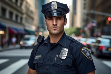 Police officer serious face portrait on a city street