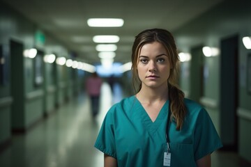Female nurse woman serious face portrait at hospital hallway - obrazy, fototapety, plakaty