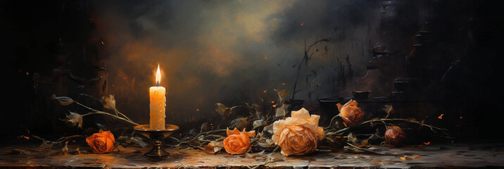 An Oil Painting Backdrop Featuring a Candle and Flowers With Copy Space