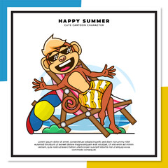 Cute cartoon character of monkey is relaxing in the beach vector illustration