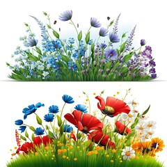 meadow full of flowers separate pictures cartoon style white background 