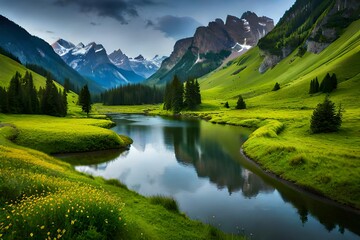 full lush green surface with valley 