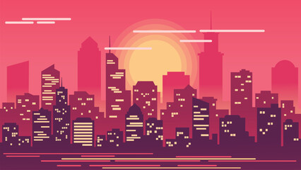 An illustration of the city atmosphere at night in pink and dark red - obrazy, fototapety, plakaty