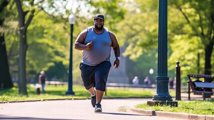 a chubby black man exercising, a healthy jogger walking in a city park. - obrazy, fototapety, plakaty