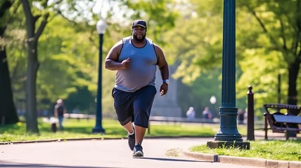 Keuken spatwand met foto a chubby black man exercising, a healthy jogger walking in a city park. © Krisana