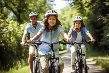 happy family bikes ride on a path in a wooded area