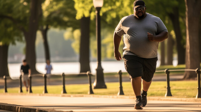 A Chubby Black Man Exercising, A Healthy Jogger Walking In A City Park.