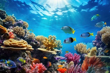 Raamstickers Coral Reef, underwater landscape, ocean and fishes © Radmila Merkulova