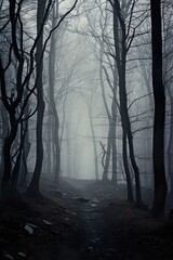 A haunted forest path framed with gnarled trees in the fog - e.g. for a book cover