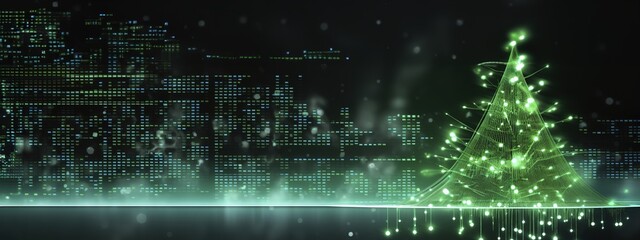banner futuristic glowing green christmas tree , digital electronic programming neon code with green lines and dots, science and technology, Glowing rays with flickering particles ,copyspace.