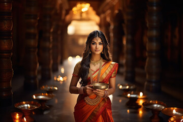 Beautiful Indian woman wearing saree on Diwali festival.