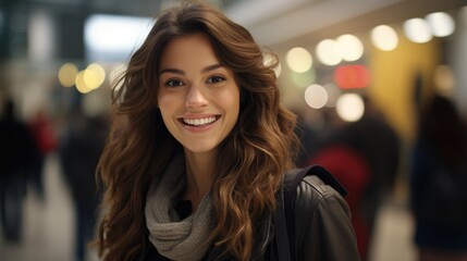 Obraz premium Happy young woman in the city mall buying clothes presents for holidays on sale discount. Black friday.