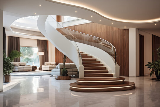 Interior of a modern living room with wooden stairs 3d render