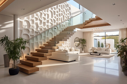 Interior of a modern living room with wooden stairs 3d render