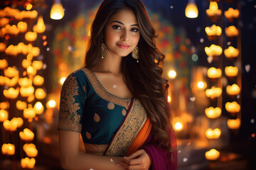 Obraz na płótnie Canvas Beautiful Indian woman dressing up for Diwali festival