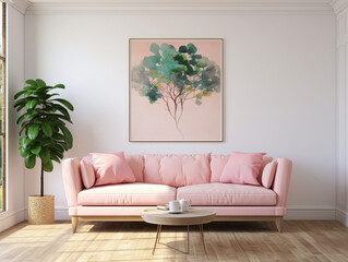 Modern interior with pink sofa and plant. 3d render illustration.
