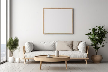 Interior of modern living room with white sofa, wooden coffee table and plant. 3d render