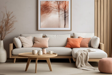 Modern living room interior with sofa, coffee table and posters. 3d render