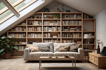interior of attic living room with a sofa and bookshelf