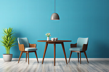 Modern interior with blue walls, wooden floor and white armchairs. 3d render