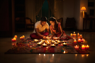 Indian couple decorating house with lamps on Diwali festival.