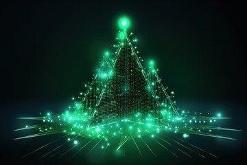 futuristic glowing green christmas tree , digital electronic programming neon code with green lines...