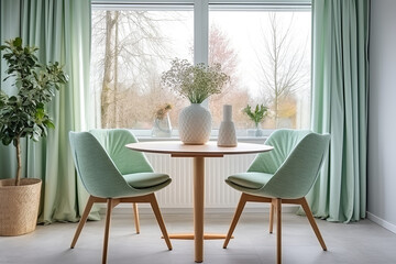 Fototapeta premium Interior of modern living room with green walls, wooden floor, round table and two green chairs. 3d render
