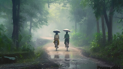 two women on bikes along a foggy path.