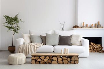 Interior of modern living room with white sofa and fireplace, 3d render