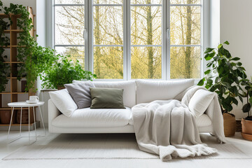 Cozy living room interior with cozy pillows, plaids and green plants