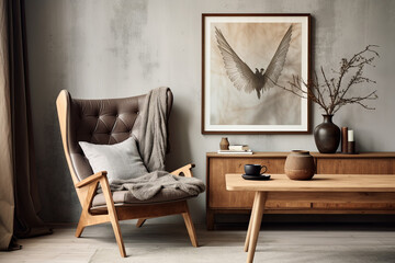 modern living room interior with brown armchair and vase with plant