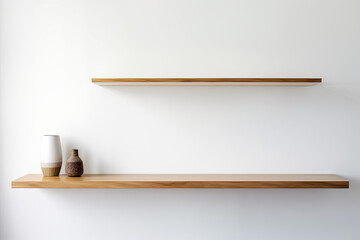 Wood shelf with vase and plant on white wall. Vector illustration.