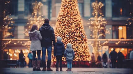 Back view of happy family looking at chistmas tree in the square of big city during Christmas time