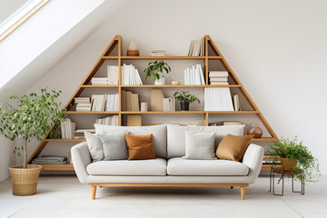 Interior of attic living room with white sofa, bookshelves and plants. 3d render - obrazy, fototapety, plakaty