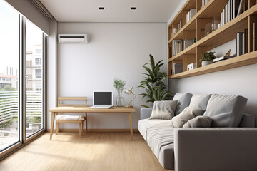 Naklejka na ściany i meble Interior of living room with wooden walls, wooden floor, brown sofa and bookcase. 3d render